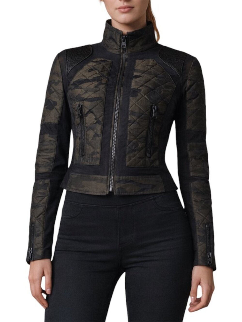 Blanc Noir Camo Mesh Inset Moto Jacket Quilted Lace Up Back Size M
